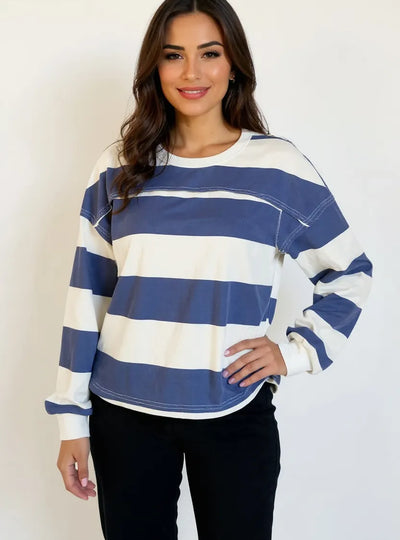 Oh Pima Cotton Wash Exposed Seam Contrast Striped Round Neck Long Sleeve T-Shirt