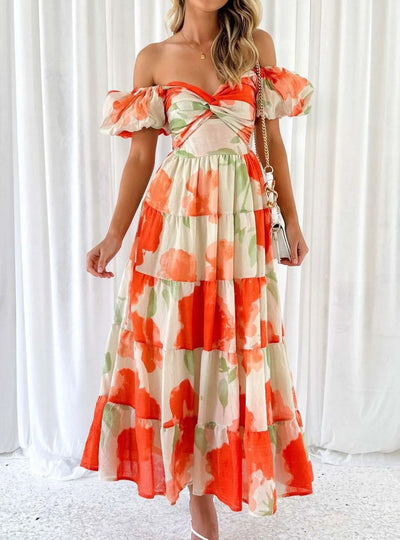 Off-Shoulder Floral Tiered Dress with Ruffle Details