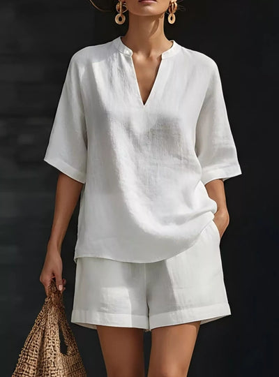 Full Size Notched Half Sleeve Top and Shorts Set Plus Size