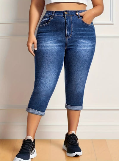 Plus Size Rolled Hem High Waist Denim Capri Jeans