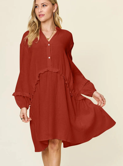 Double Take Full Size Texture Half Button Ruffle Trim Dress