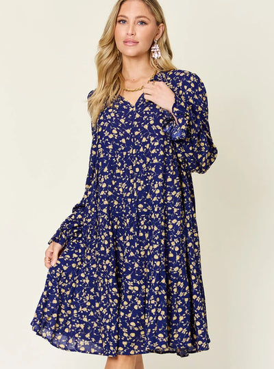 Double Take Full Size Printed Ruffle Hem Long Sleeve Tiered Dress