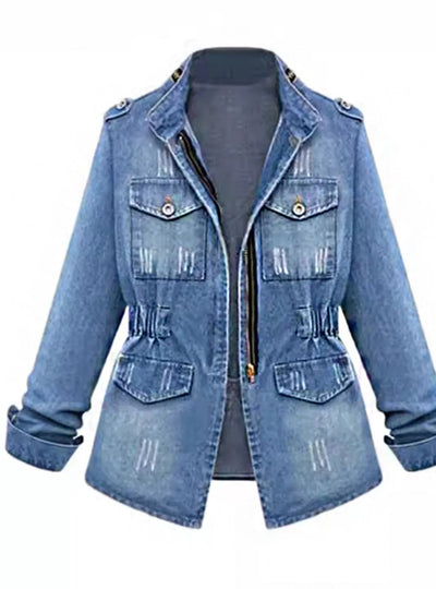 Full Size Chest Pocket Zip Up Denim Jacket Plus Size