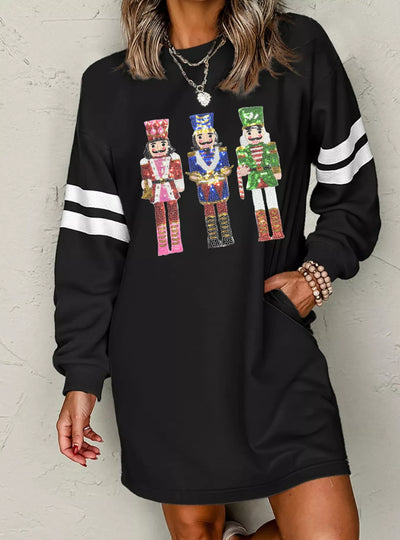 Christmas Sequin Nutcracker-man Graphic Varsity Striped Sleeve Sweatshirt Dress