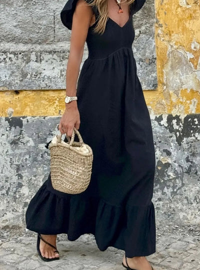 V Neck Ruffled Cap Sleeve Smocked Maxi Dress