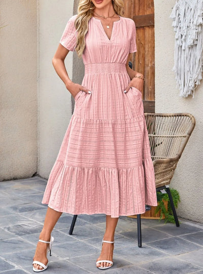 Tiered Notched Short Sleeve Dress