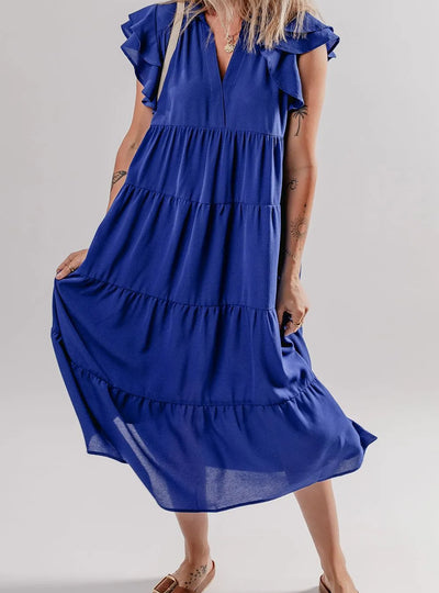 Ruffled Short Sleeve Collared V Neck Tiered Midi Dress