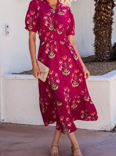 Floral Print Short Sleeve Midi Dress