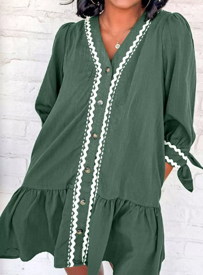 Contrast Ricrac Trim Button V Neck Knotted Bracelet Sleeve Shift Dress
