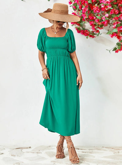 Off-Shoulder Puff Sleeve Smocked Maxi Dress