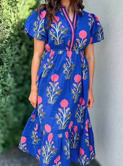 Floral Puff Short Sleeve Notched High Waist Dress