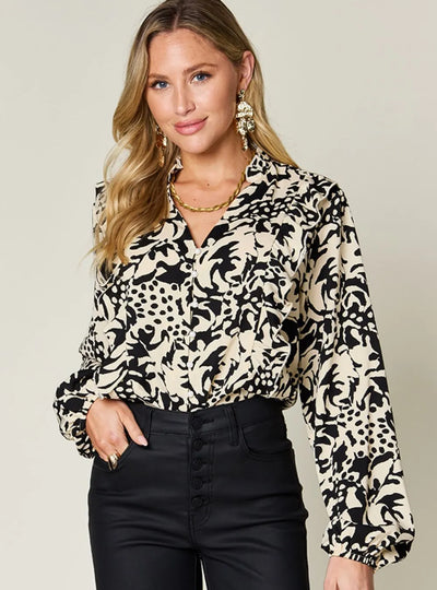 Double Take Printed Ruffle Trim Balloon Sleeve Shirt - Full Size