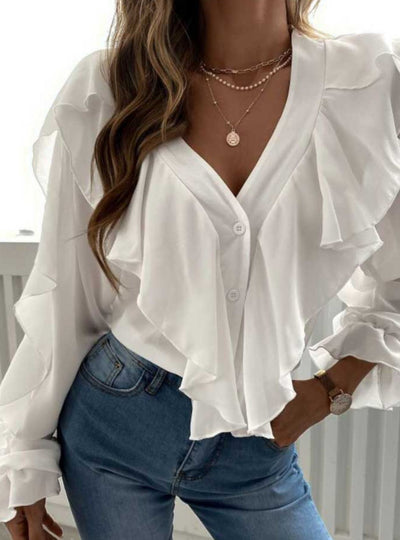 Full Size Ruffle Trim V-Neck Shirt Plus Size
