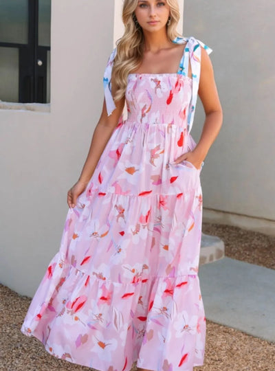 Floral Print Knotted Shoulder Smocked Maxi Dress