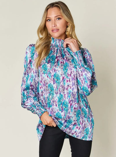 Double Take Full Size Printed Smocked Long Sleeve Blouse