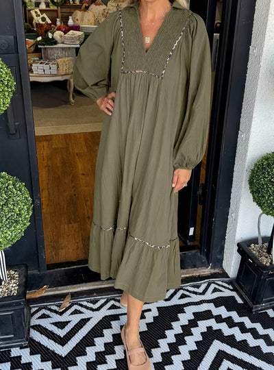 Collared V Neck Smocked Detail Contrast Leopard Trim Dress
