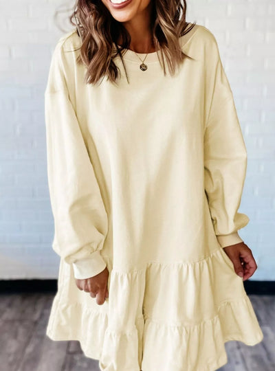 Double Tiered Ruffle Hem Long Sleeve Loose Mini Dress