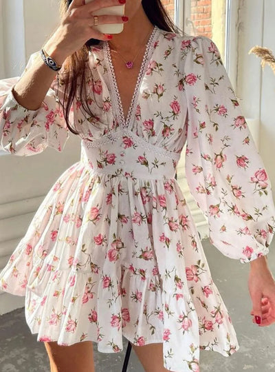 Lace Detail V-Neck Balloon Sleeve Dress