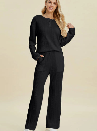 Double Take Full Size Cable-Knit Long Sleeve Top and Pants Set
