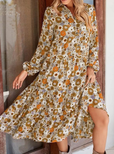 Floral Print Balloon Sleeve Midi Dress
