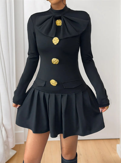 Decorative Button Mock Neck Long Sleeve Mini Dress