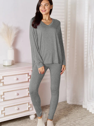 Basic Bae Bamboo Full Size V-Neck Long Sleeve Top and Pants Lounge Set