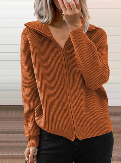 Full Size Ribbed Knit Zip-Up Outerwear Plus Size