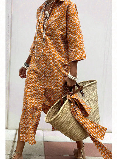 Full Size Printed Button-Down Midi Dress Plus Size