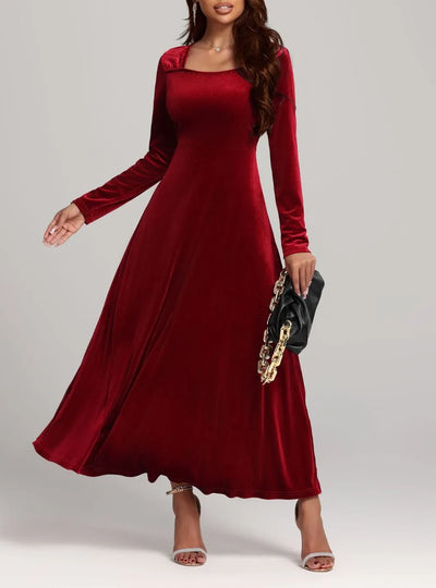 Square Neck Long Sleeve Velvet Dress