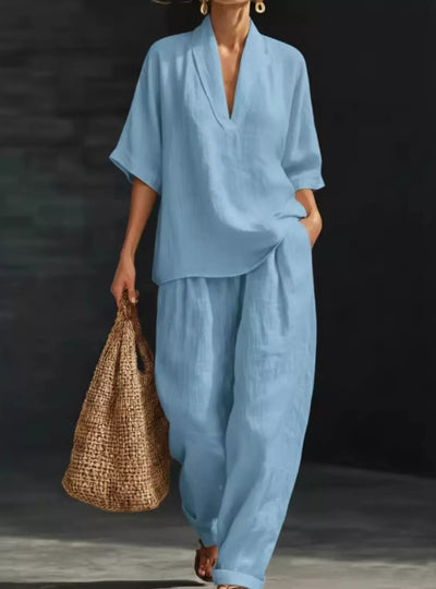 Full Size Half Sleeve Top and Wide Leg Pants Set Plus Size