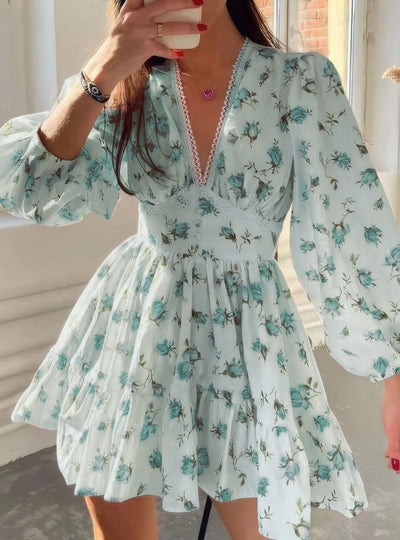 Full Size Floral Print Lace Detail V-Neck Mini Dress Plus SIze