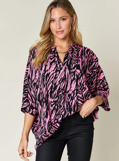 Double Take Full Size Printed Notched Three-Quarter Sleeve Blouse