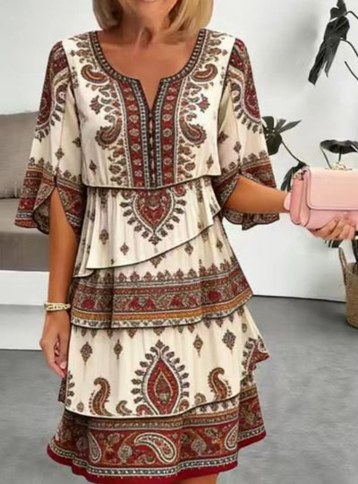 Full Size Paisley Print Layered Ruffle Mini Dress Plus Size