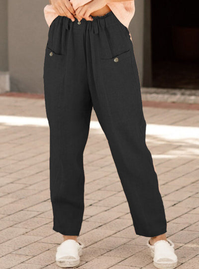 Button Detail Elastic Waist Pocket Pants