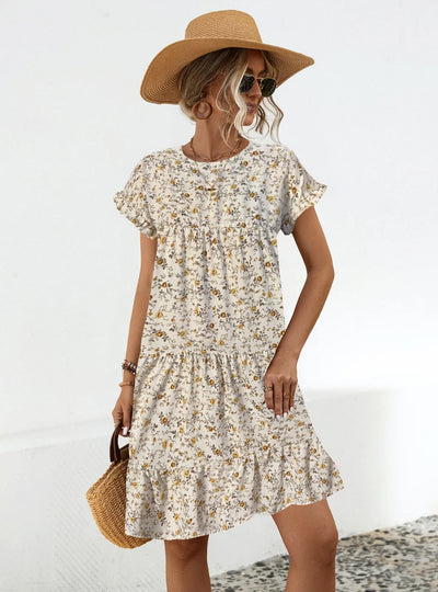 Frill Floral Round Neck Short Sleeve Tiered Dress