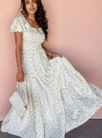Floral Smocked Short Puff Sleeve Maxi Dress