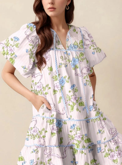 Printed Tie Neck Short Sleeve Mini Dress