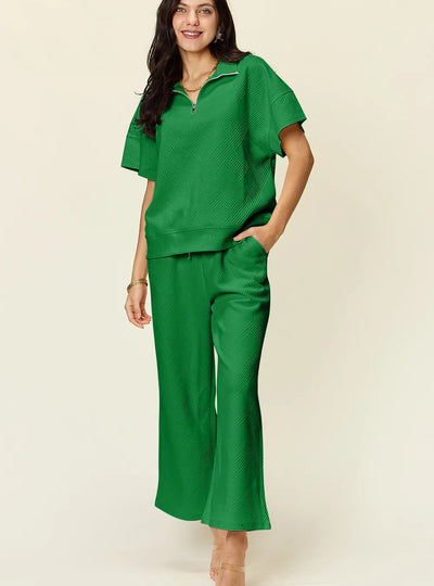 Double Take Full Size Texture Half Zip Short Sleeve Top and Pants Set