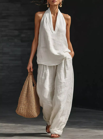 Full Size Halter Neck Top and Wide Leg Pants Set Plus Size
