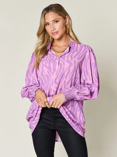 Double Take Full Size Printed Smocked Long Sleeve Blouse Plus Size