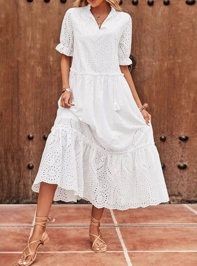 Eyelet Tie Neck Half Sleeve Midi Dress