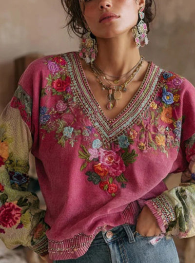 Full Size Floral V-Neck Blouse Plus Size