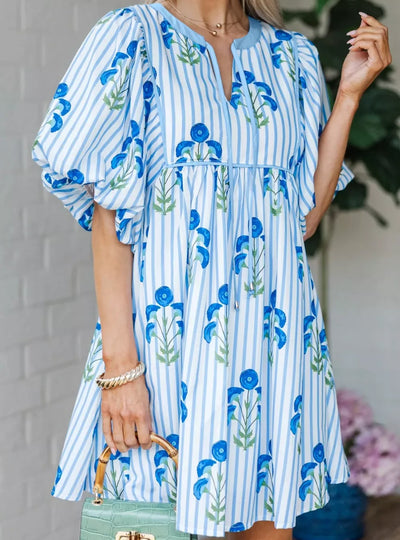 Floral Striped Print Tie Notched Neck Puff Sleeve Flared Mini Dress