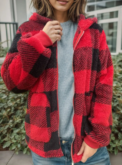 Double Take Full Size Plaid Long Sleeve Hooded Coat