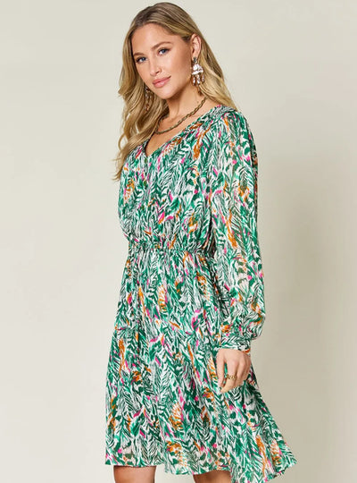 Double Take Full Size Printed Drawstring Waist Long Sleeve Dress