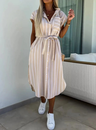 Striped Tie Waist Short Sleeve Dress