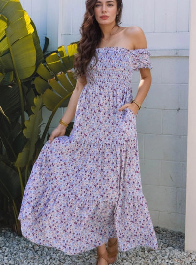 Tiered Floral Shirred High Waist Maxi Dress