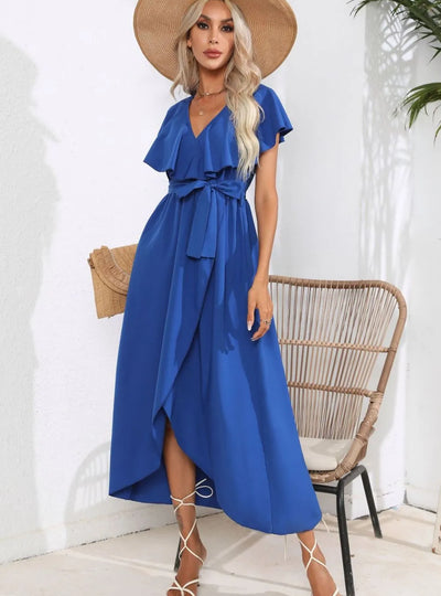 Tied Front Ruffled Short Sleeve Midi Dress