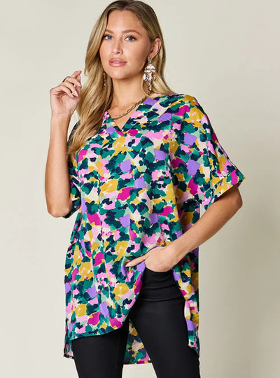 Double Take Full Size Printed V-Neck Short Sleeve Side Slit Top