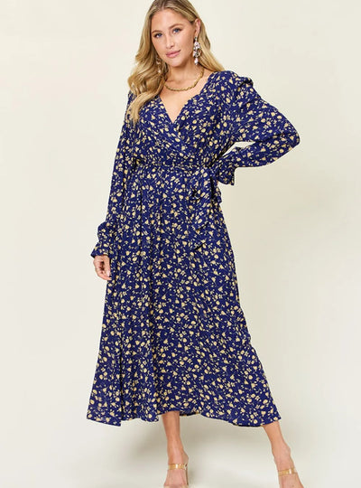 Double Take Full Size Tie Back Flounce Sleeve Dress
